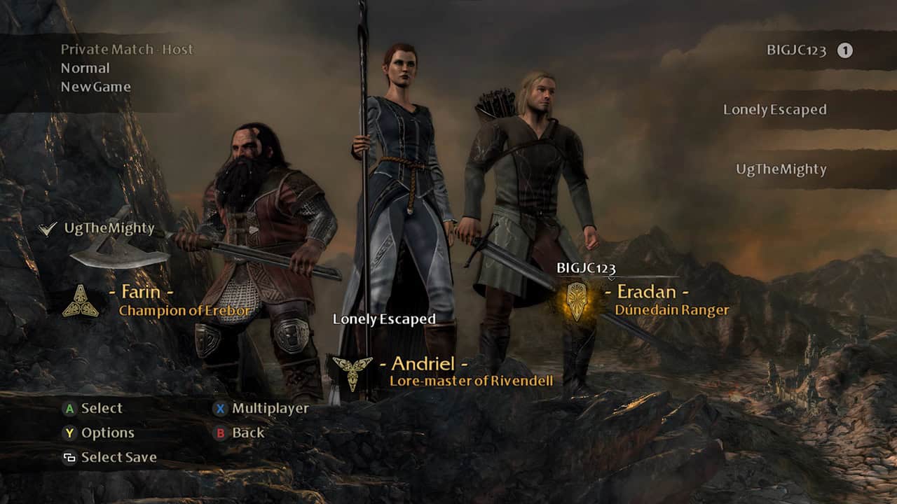 The Lord of the Rings_ War in the North™ - Legacy Edition-Character Select | The Outerhaven Character select screen in a fantasy game showing three armed adventurers on a rocky terrain, with names and classes displayed for each character.