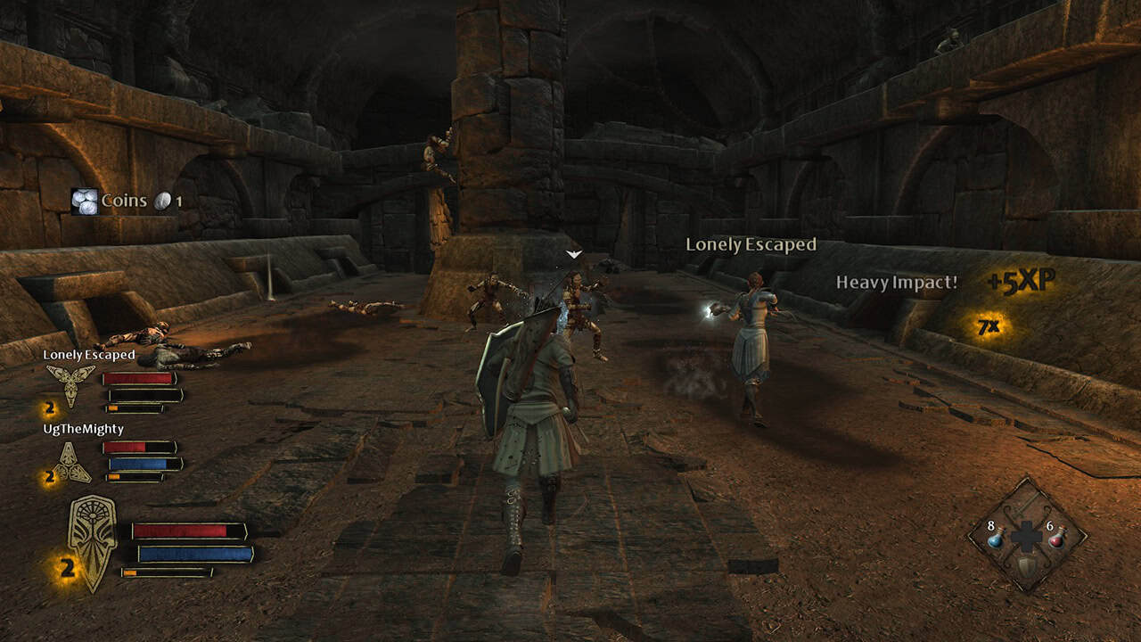 The Lord of the Rings_ War in the North™ - Legacy Edition-Fighting | The Outerhaven Player in armor with shield leads a group through a dark dungeon, enemies closing in, HUD visible.