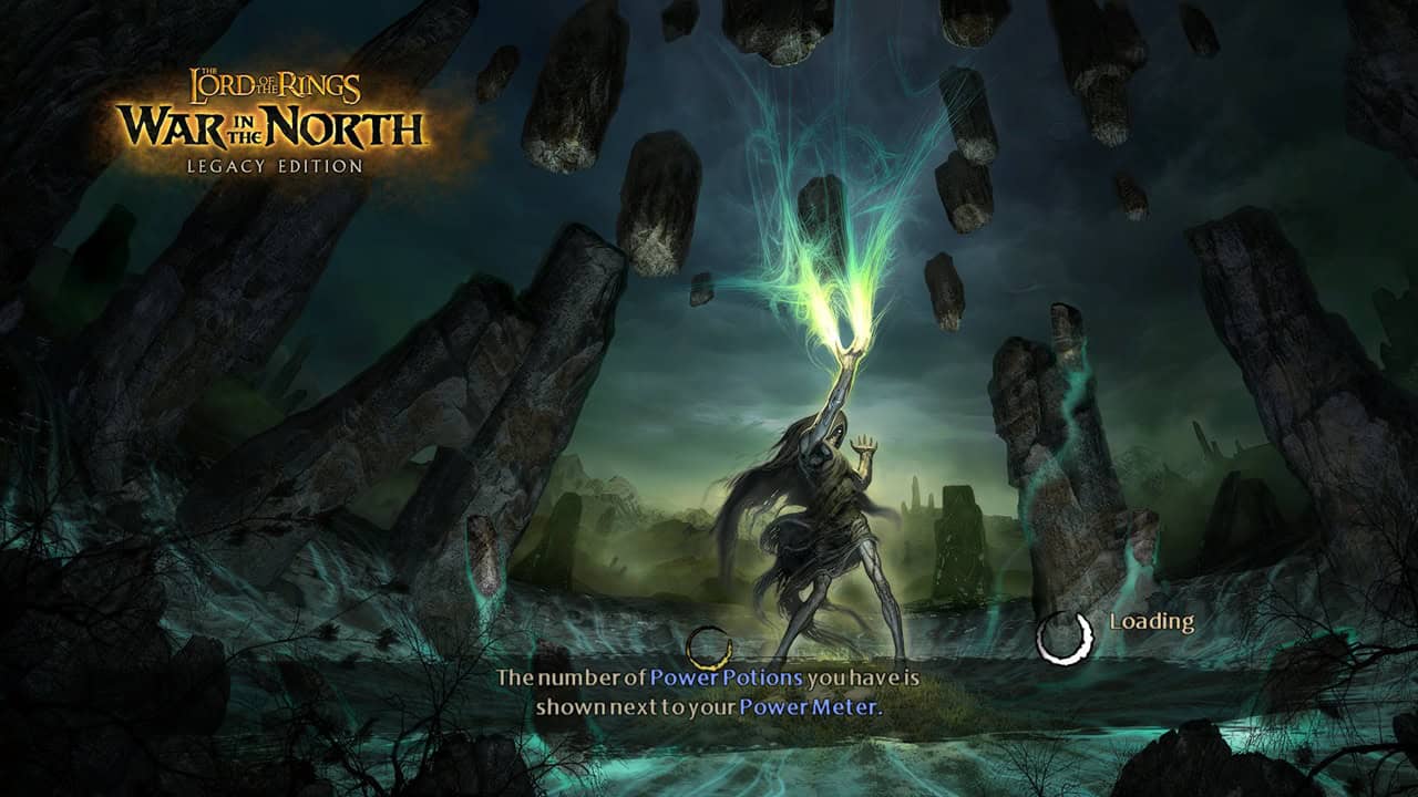 The Lord of the Rings_ War in the North™ - Legacy Edition-Loading Screen | The Outerhaven Loading screen for The Lord of the Rings: War in the North Legacy Edition, showing a warrior invoking green energy amid ruined stone pillars.