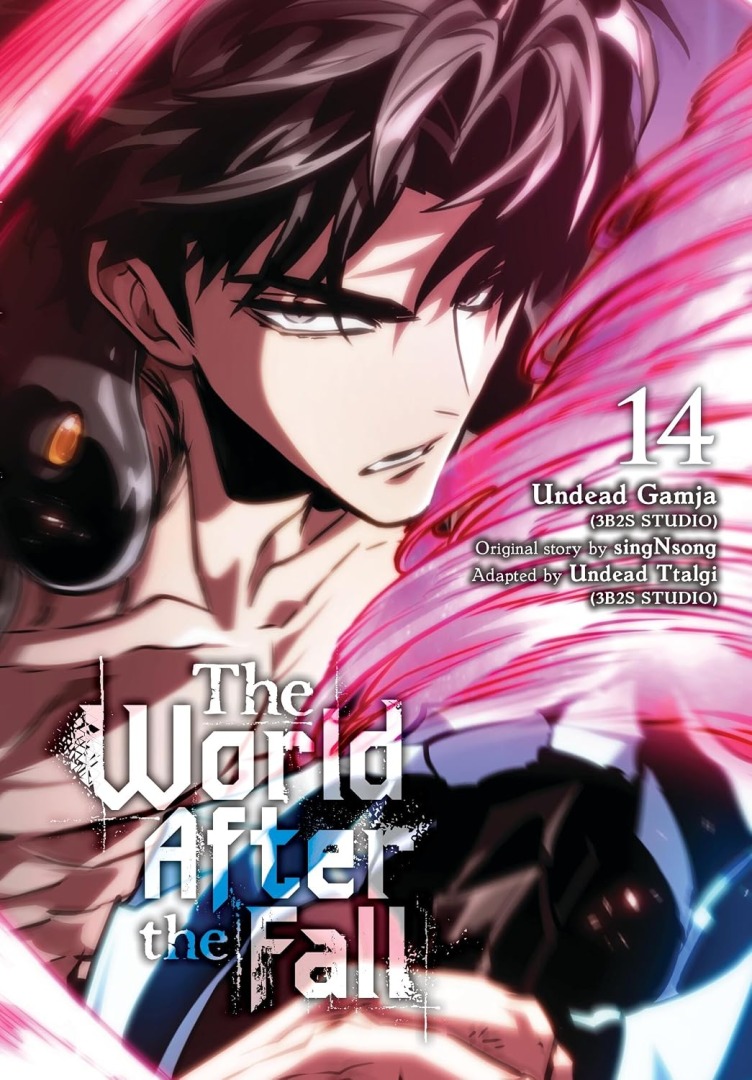 The World After the Fall | The Outerhaven Manga cover for volume 14 titled The World After the Fall, featuring a close-up of a shirtless, dark-haired man with pink energy swirls around him.