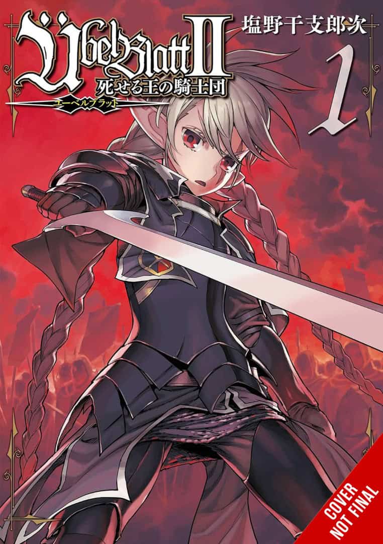 Übel Blatt II V1 CNF | The Outerhaven Manga cover featuring a silver-haired armored girl with a long sword in a dynamic clash pose against a fiery red background, volume 1 text visible.