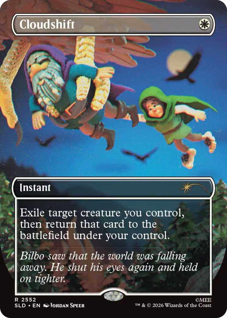 V2fWdd3279 | The Outerhaven Magic: The Gathering Cloudshift instant card showing two figures flying in a blue sky; card text: exile target creature you control, then return it to the battlefield under your control.