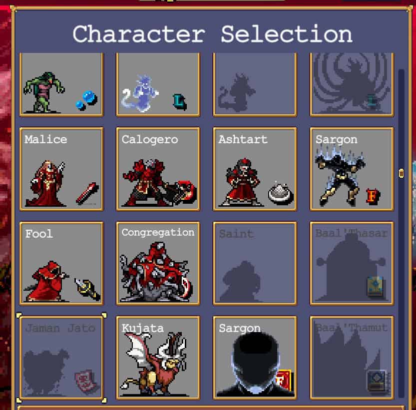 Vampire Survivors LotBM 1 | The Outerhaven Character Selection screen with a 5x3 grid of character tiles; names include Malice, Calogero, Ashtar, Sargon, plus blank/silhouette slots at the top rows.