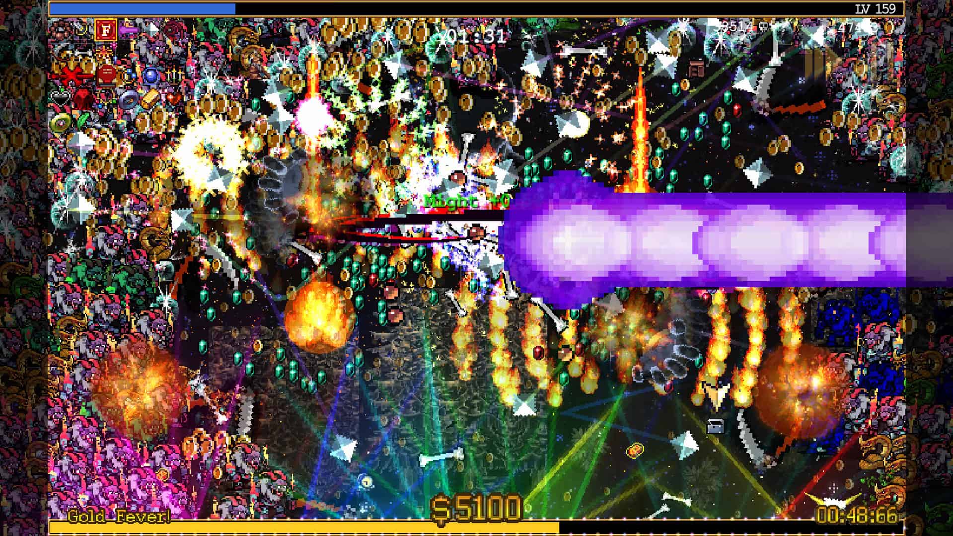 Vampire Survivors LotBM 2 | The Outerhaven Intense vertical shooter battle with dense bullets, explosions, and a purple beam fired by the player's ship; score 5,100 and LV 159 shown, 'Gold Fever' banner across the bottom.
