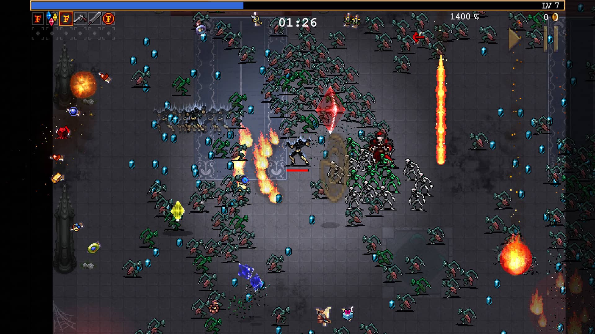 Vampire Survivors LotBM 5 | The Outerhaven Player character fights waves of green zombies in a dungeon, with blue gem pickups and bursts of fire around the central hero (timer 01:26).