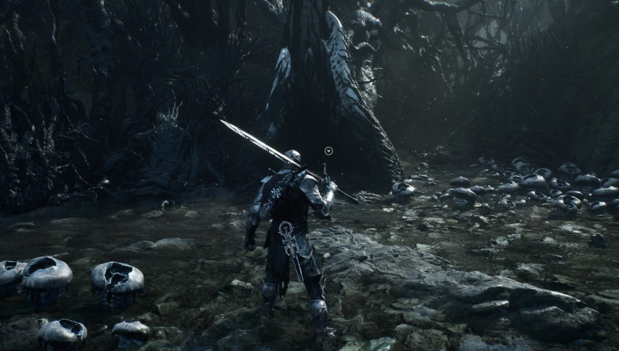 Armored knight stands in a dark cavern, gripping a long sword as pale skull-like fungi dot the rocky ground around a shallow stream.