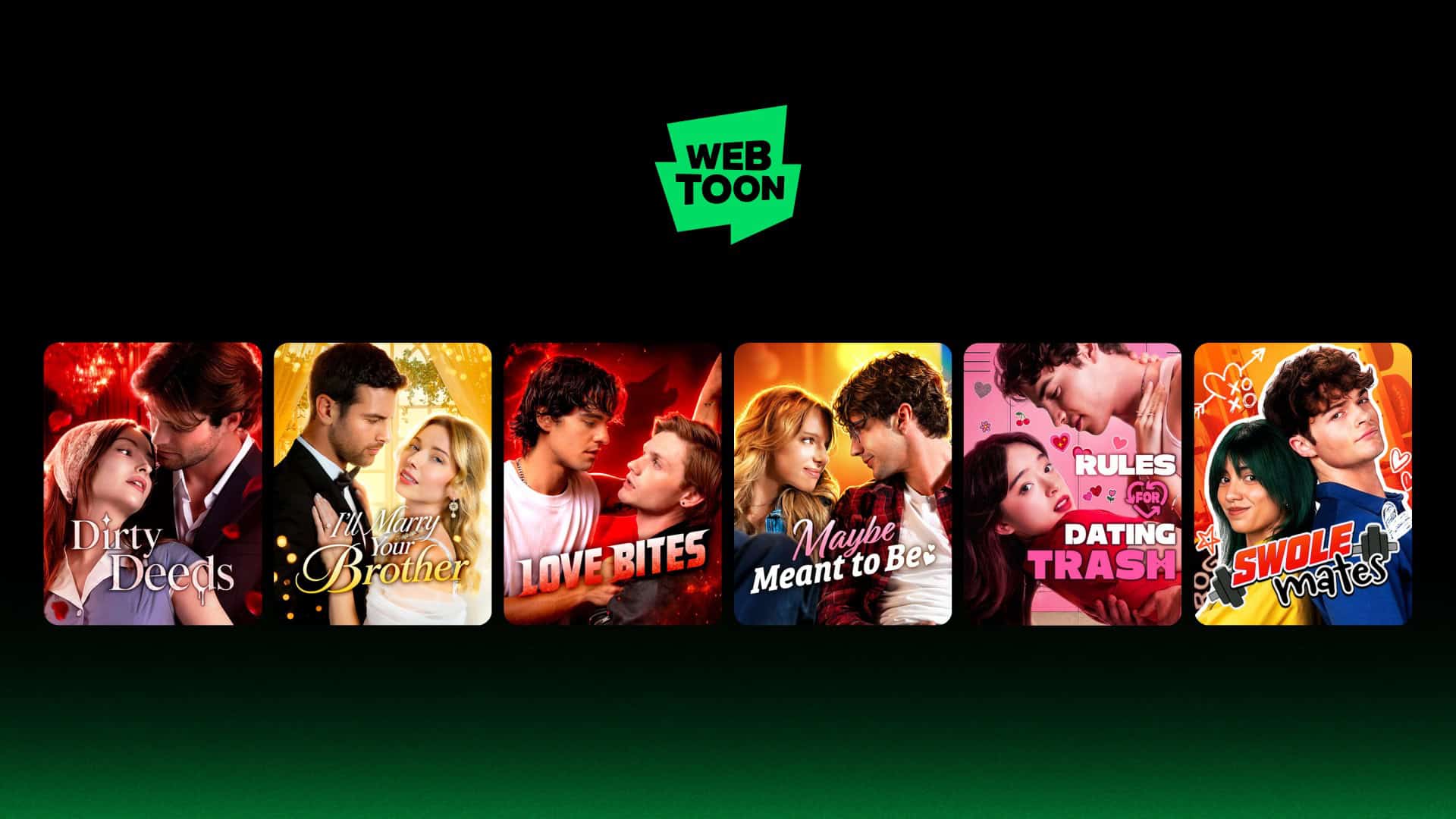 WEBTOON_Hero_Asset_A | The Outerhaven Webtoon logo centered above a row of six romance-themed poster thumbnails on a black background (poster titles shown).