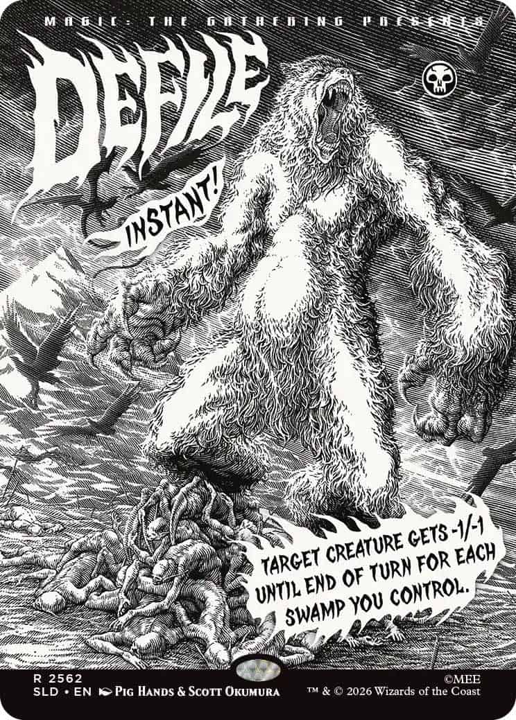 WHWUVgS4uc | The Outerhaven Black-and-white Magic: The Gathering promotional card showing a towering hairy monster stomping on a pile of corpses, with the word 'DEVIL INSTANT!' and the spell text: 'Target creature gets -1/-1 until end of turn for each swamp you control.'