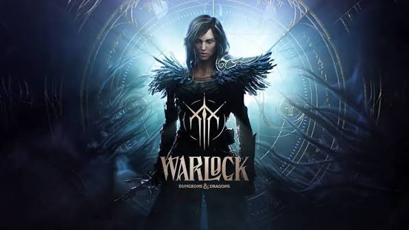Warlock | The Outerhaven Dark fantasy cover: a woman in black armor with feathered shoulders stands before glowing circular sigils, title 'Warlock' and 'Dungeons & Dragons' beneath her.