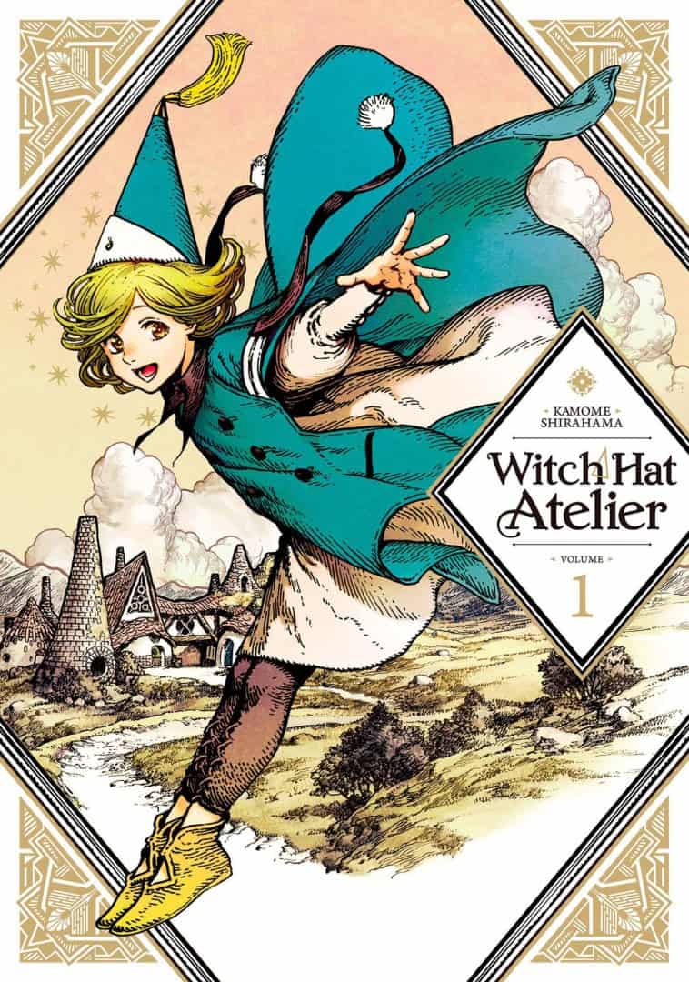 Witch Hat Alteier | The Outerhaven Young witch in a teal cloak and yellow hat soars above a village on the cover of Witch Hat Atelier, Vol. 1.