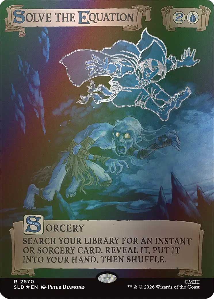 WpSiC4Viim | The Outerhaven Card art for 'Solve the Equation': a hooded mage leaps over a skeletal foe in a cavern; bottom text explains the Sorcery card effect: search your library for an instant or sorcery card, reveal, put in hand, then shuffle.