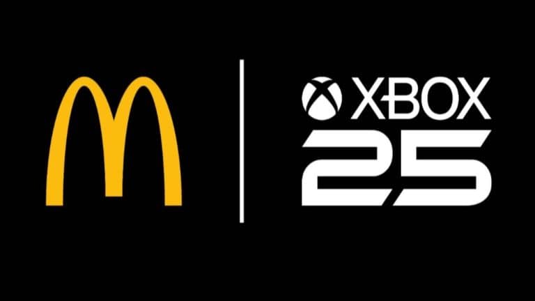 McDonald's golden arches next to a vertical divider and the Xbox 25 logo, indicating a McDonald's–Xbox collaboration promo.