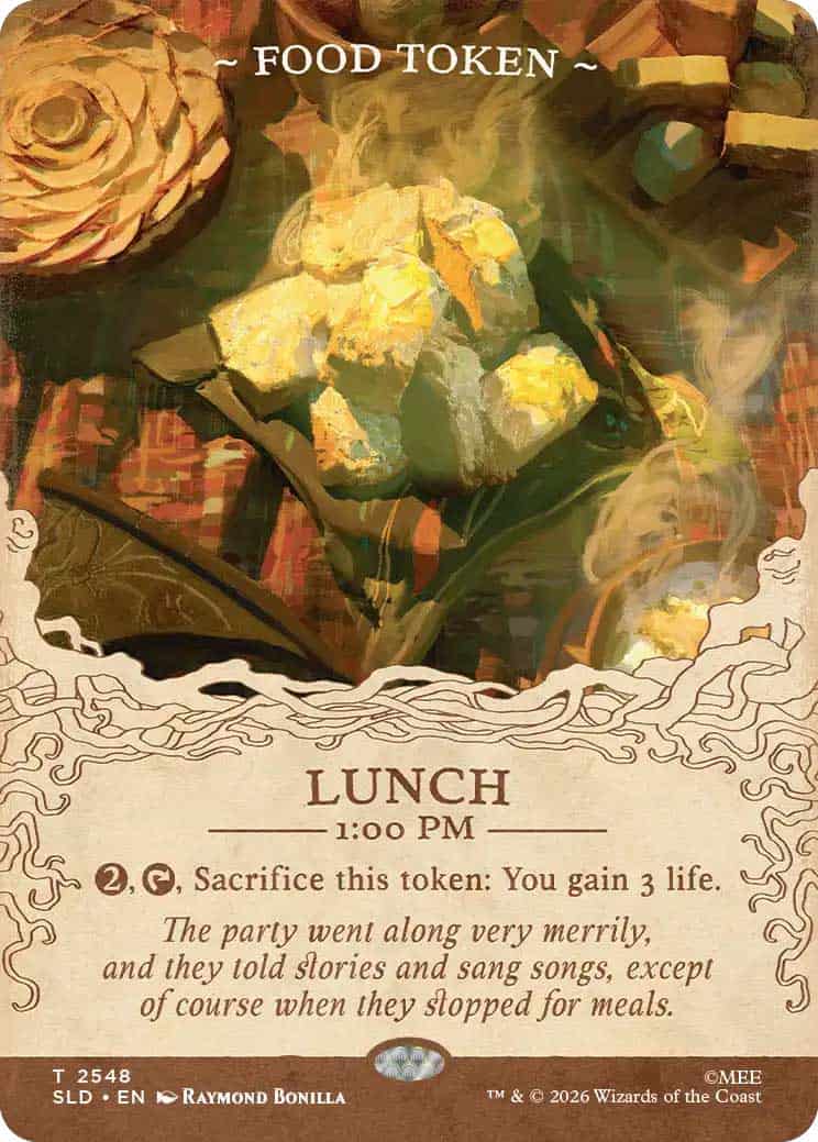Y8giNGQAME | The Outerhaven Fantasy card titled 'Food Token' showing a lunch token; the card text mentions 'Lunch 1:00 PM' and sacrificing the token to gain 3 life.