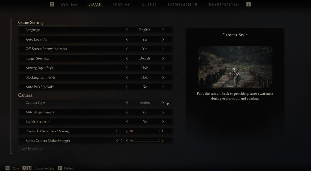 Game Settings screen with Camera Style option; right panel shows a character on a bridge and a caption about pulling the camera back for exploration and combat.