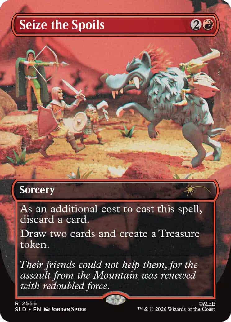 bhmX1kCbV0 | The Outerhaven Magic: The Gathering card titled 'Seize the Spoils' shows warriors fighting a werewolf; the card text reads: Sorcery — discard a card, draw two cards, and create a Treasure token.