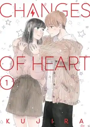 changes-of-heart-01-kpc-digi-not-fin | The Outerhaven Manga cover: a couple embracing—girl with dark hair and brown skirt, boy with light hair and brown jacket—red title Changes of Heart across the image.
