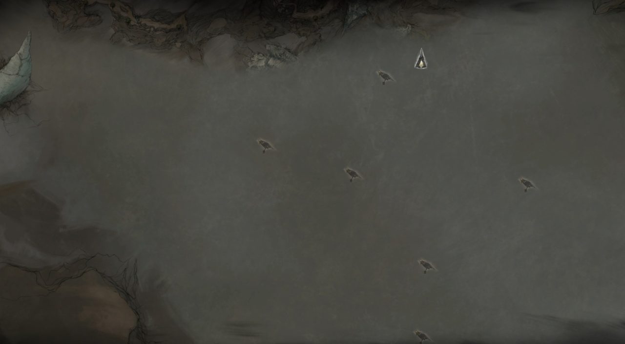 Dark, foggy seascape with several small birds floating on the water and rocky shoreline at the edges.