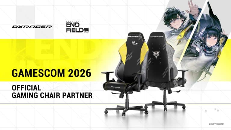 Poster for collaboration of DXRacer and Arknights: Endfield alongside an Arknights: Endfield chair