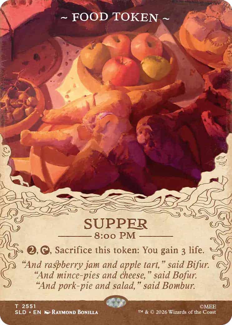 eiRMbTT2Oe | The Outerhaven Illustrated game card titled 'Food Token' showing a feast with apples and bread; 'SUPPER 8:00 PM' text is visible.