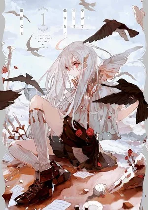 fog | The Outerhaven White-haired elf girl seated on a rocky cliff, papers swirling around as black birds fly overhead.