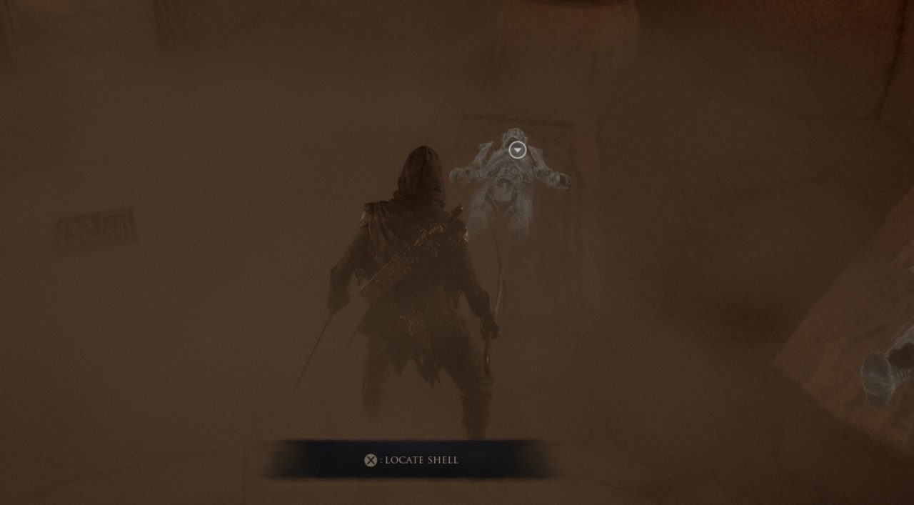 gold and glimpse | The Outerhaven Dark brown hazy game scene with a hooded, armored figure facing a glowing, translucent target; bottom prompt reads 'Locate shell'.