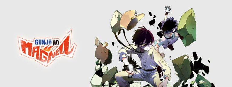 Manga banner showing the logo 'Gin no Magmel' on the left and two boys breaking rocks with glowing particles on the right.