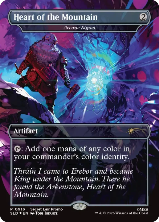 heartofthemountain | The Outerhaven Heart of the Mountain artifact card showing a dwarf smith before a glowing portal; Tap: add one mana of any color in your commander's color identity.