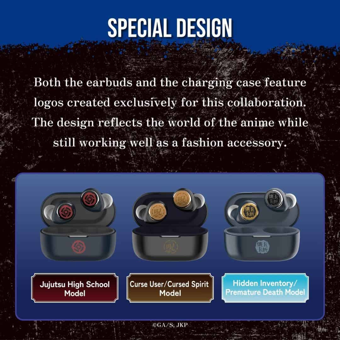 jujutsu kaisen | The Outerhaven Three wireless earbuds cases in a blue panel, labeled Jujutsu High School Model, Curse User/Cursed Spirit Model, and Hidden Inventory/Premature Death Model with anime-themed branding.