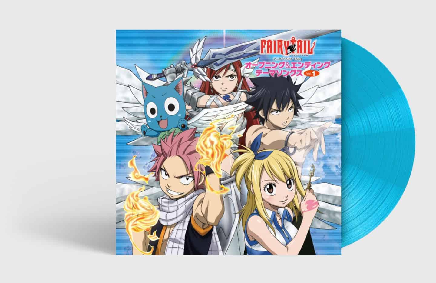 Fairy Tail 1 | The Outerhaven Fairy Tail vinyl cover art with Natsu, Lucy, Erza, Grey, and Happy in dynamic poses against a blue background.
