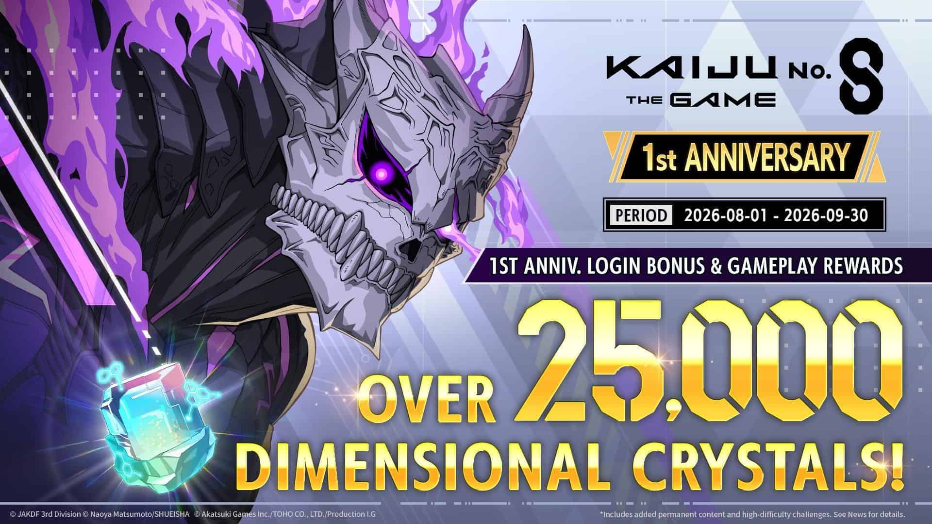 Kaiju No 8 | The Outerhaven Promotional game banner featuring a menacing armored kaiju with a glowing purple eye and purple flames; text reads 'KAiJU NO. 8 THE GAME' and '1st ANNIVERSARY' with a black-and-gold banner, period dates, and large yellow '25,000' emphasis. A glowing teal crystal floats in the lower left.