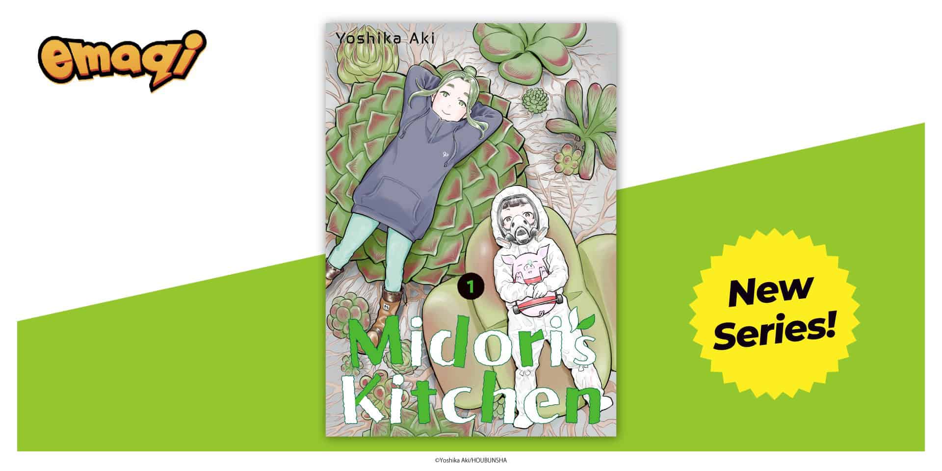 Midori's Kitchen | The Outerhaven Manga cover for 'Midori's Kitchen' with a girl in a purple hoodie lying on a giant succulent and a child in a space helmet beside her, 'New Series' badge visible.