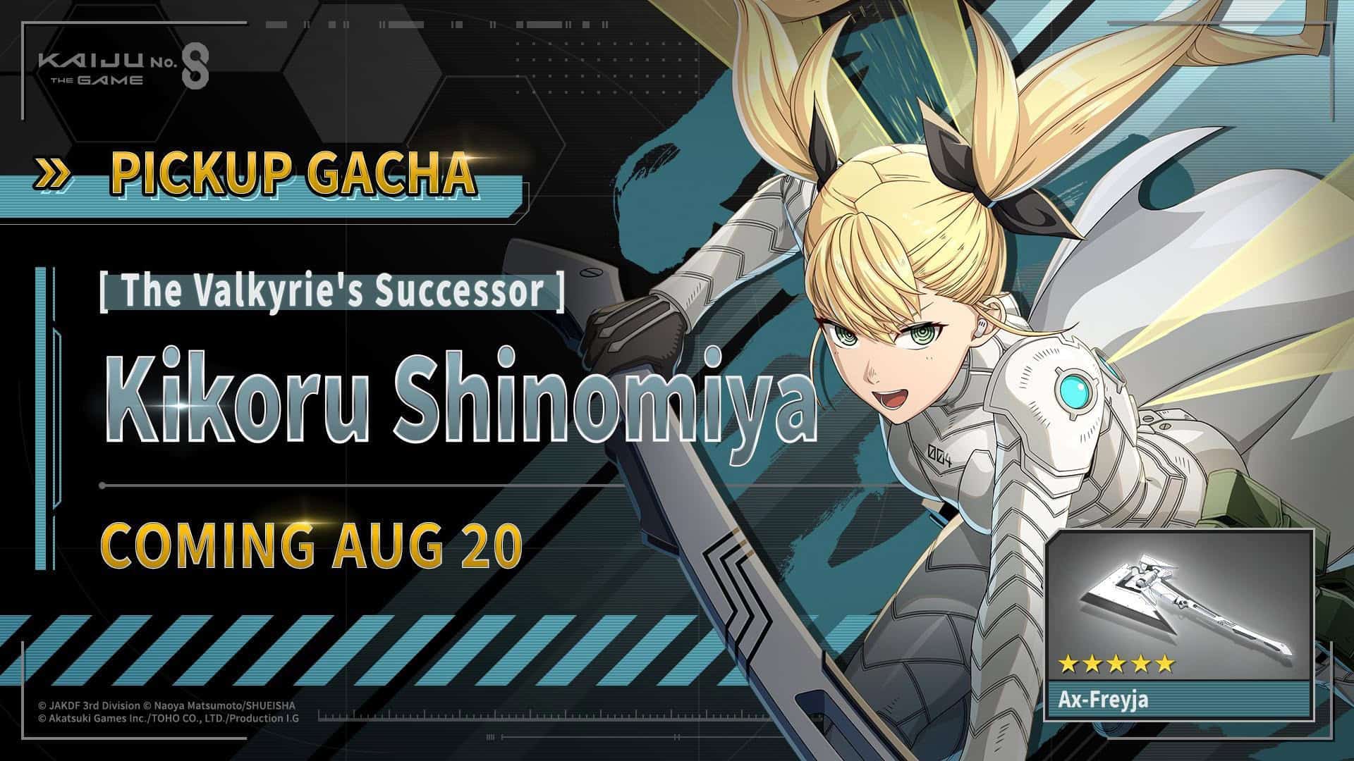 Promotional banner for KAIJU the Game showing Kikoru Shinomiya in armor with 'Pickup Gacha' and 'Coming Aug 20'.