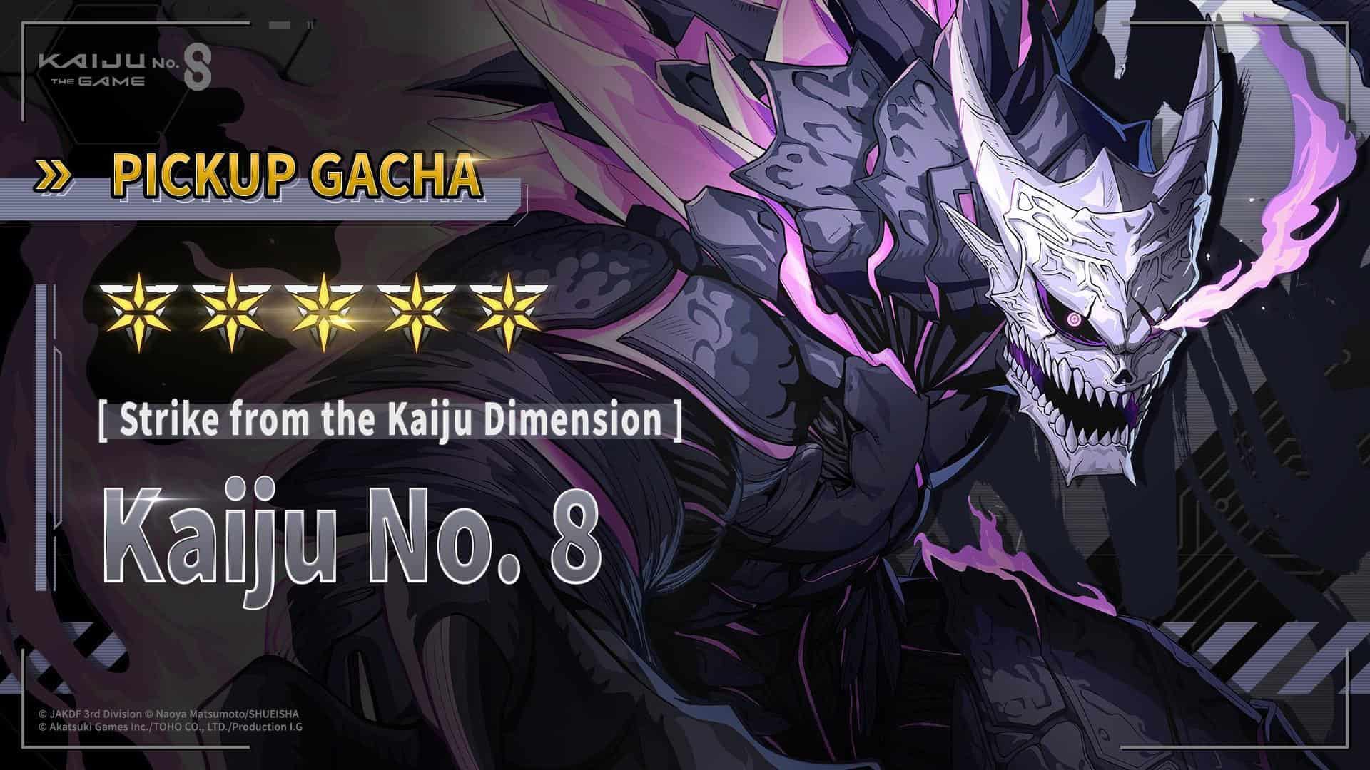 Kaiju No 8 | The Outerhaven Promo banner for Kaiju No.8 gacha titled 'Pickup Gacha' with a dragon-like Kaiju and five gold stars above 'Strike from the Kaiju Dimension' text