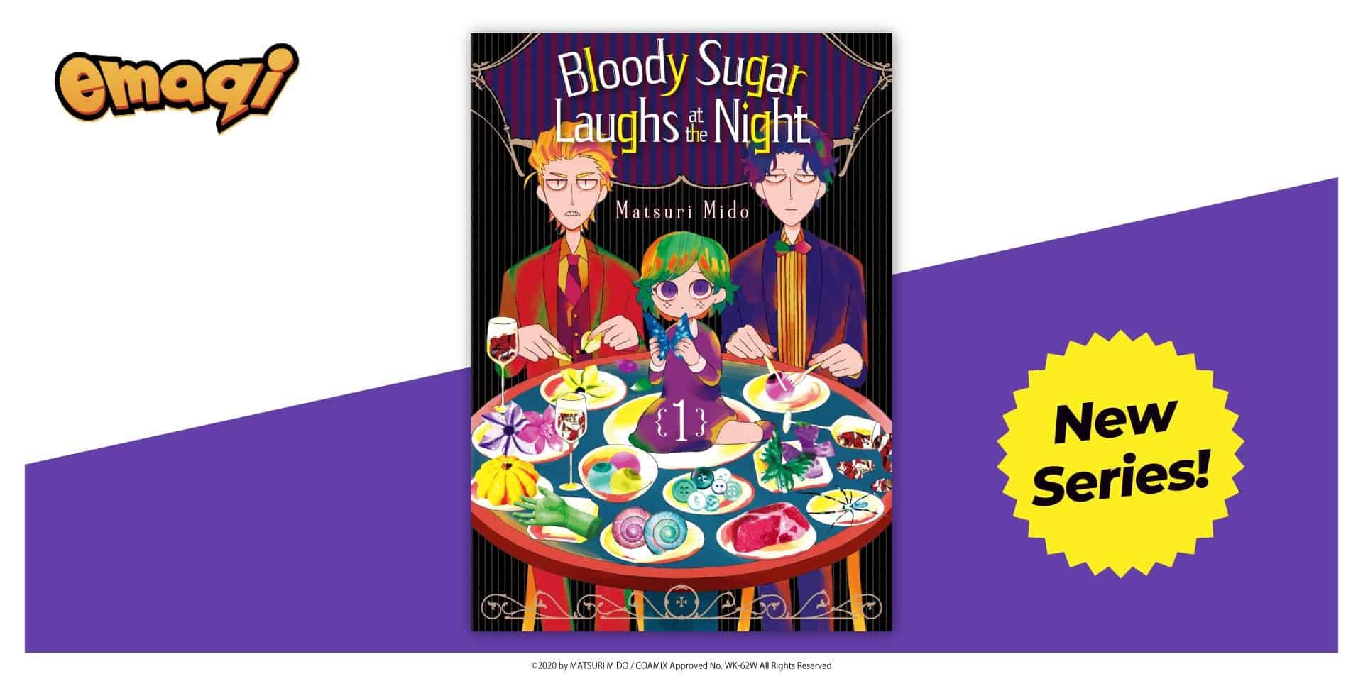 Bloody Sugar | The Outerhaven Promotional banner showing the emagi logo, the manga cover 'Bloody Sugar Laughs at the Night' with a colorful dinner scene and a 'New Series' badge.