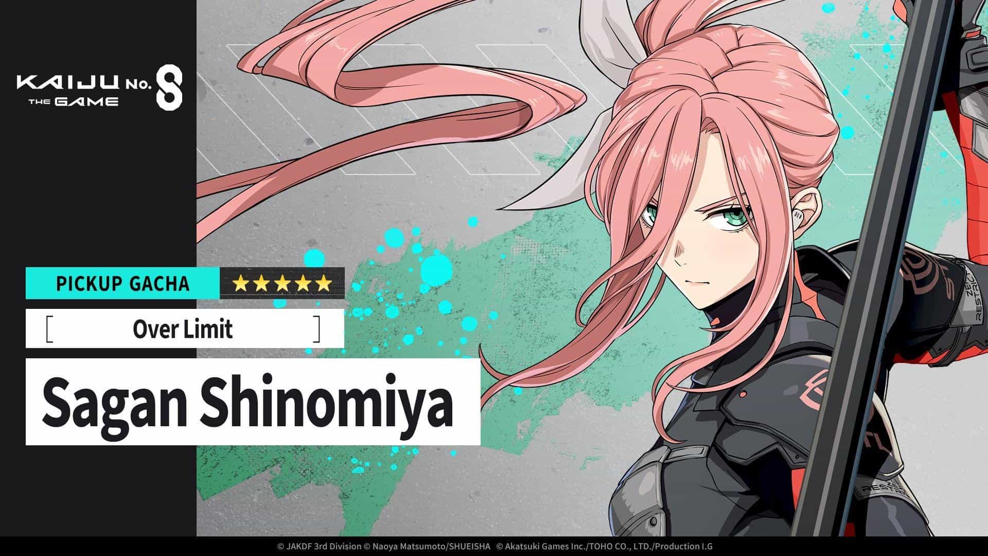 Kaiju No 8 | The Outerhaven Promotional banner for Kaiju No. 8 game showing a pink-haired character with a weapon, 'Pickup Gacha' and 'Over Limit' text and the name Sagan Shinomiya.