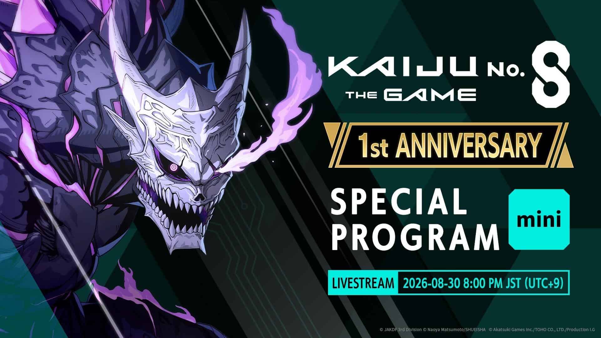 Promotional banner for Kaiju No. 8: The Game, announcing the 1st anniversary special program and livestream event with a purple dragon Skull motif.