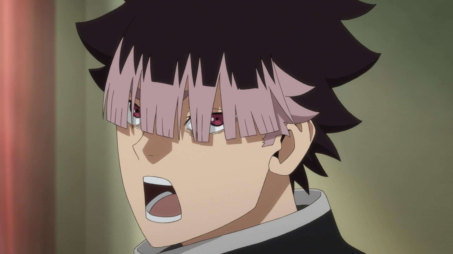 Anime boy with dark hair shouting, mouth open, eyes visible behind bangs.