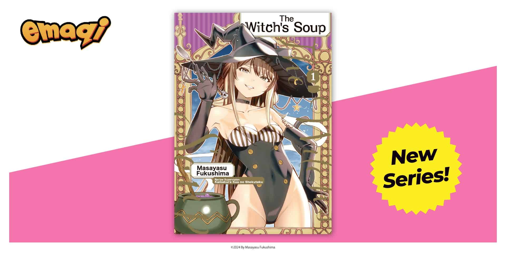 The Witch's Soup | The Outerhaven Cover art for The Witch's Soup, Volume 1, showing a smiling witch in a striped bustier and black gloves holding a teapot under a decorative frame