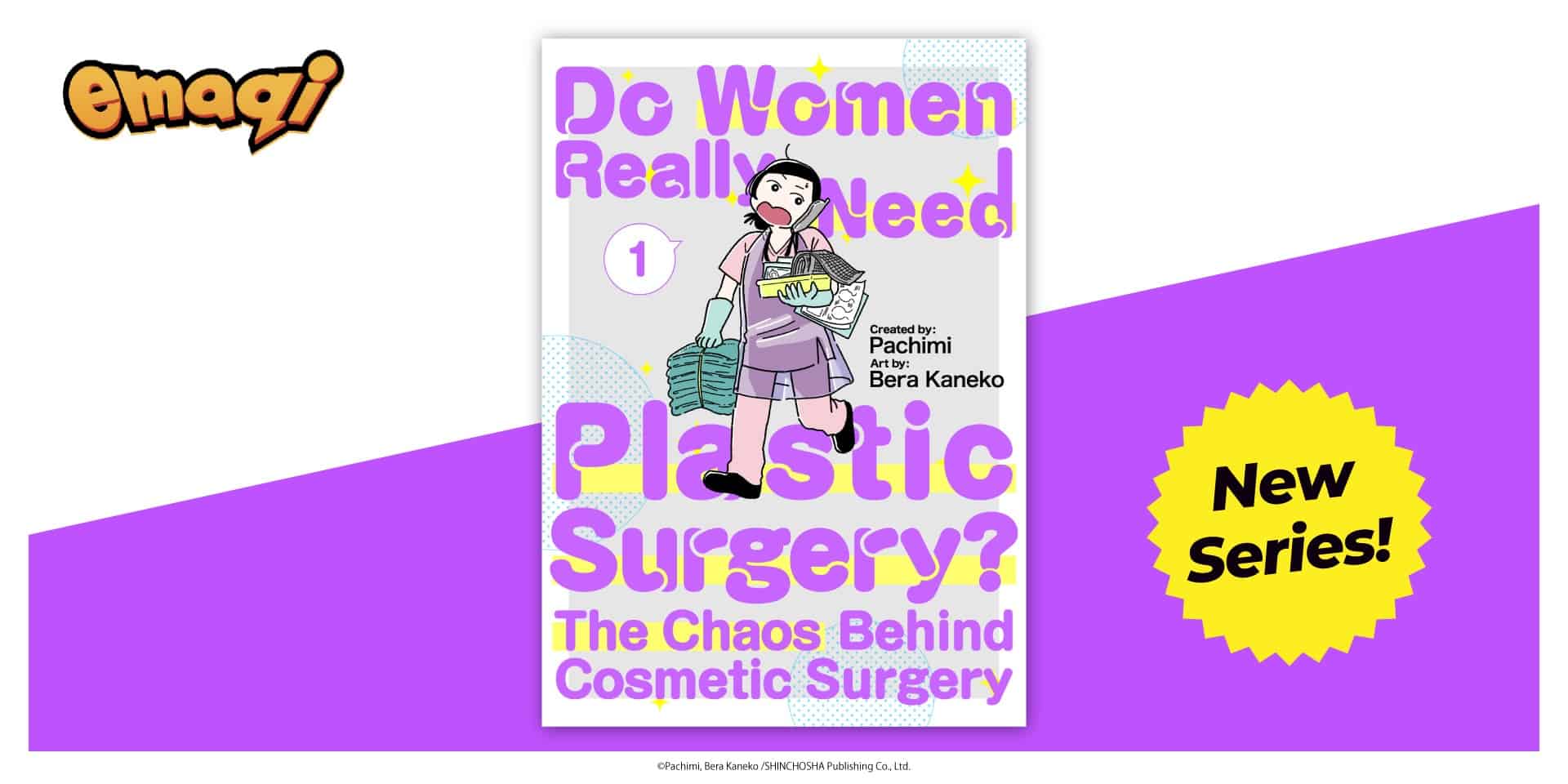 Plastic Surgery | The Outerhaven Book cover for 'Do Women Really Need Plastic Surgery?' featuring a cartoon woman carrying groceries, with bold purple text and a yellow 'New Series' badge on a purple background.
