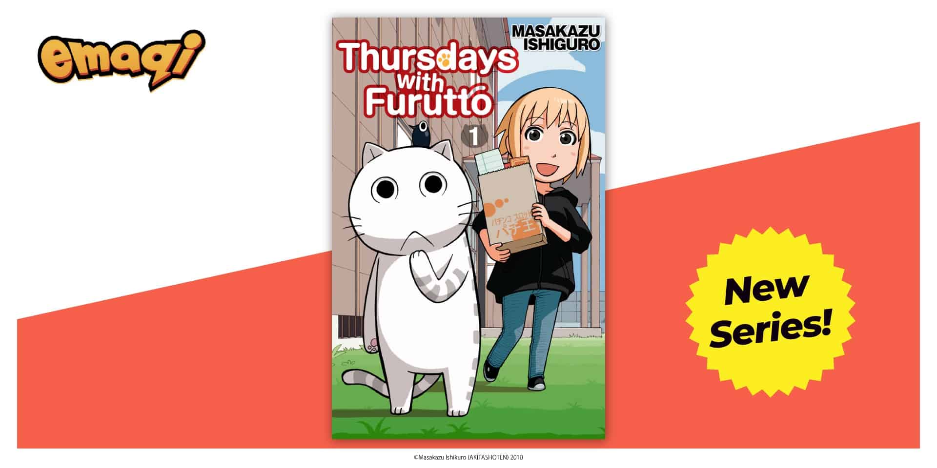 Furutto | The Outerhaven Manga cover: 'Thursdays with Furutto' featuring a girl holding a box and a white cat, with a 'New Series!' badge on a colorful background.