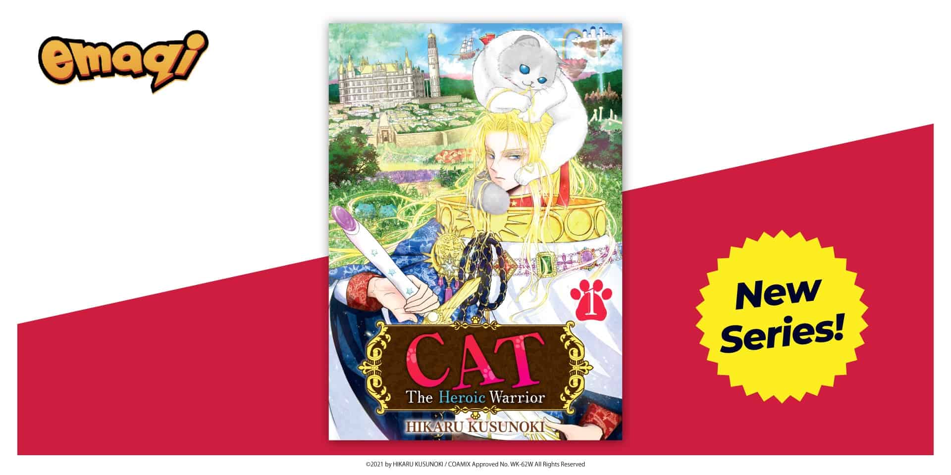 CAT | The Outerhaven Manga book cover for CAT: The Heroic Warrior by Hikaru Kusunoki, depicting a blond knight with a white cat on his shoulder, ornate title frame behind him.