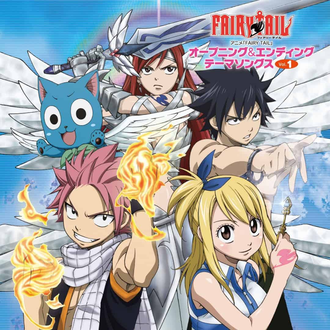 Fairy Tail | The Outerhaven Team Fairy Tail members Natsu, Lucy, Gray, Erza with Happy the blue cat, posing with flames and wings in action.