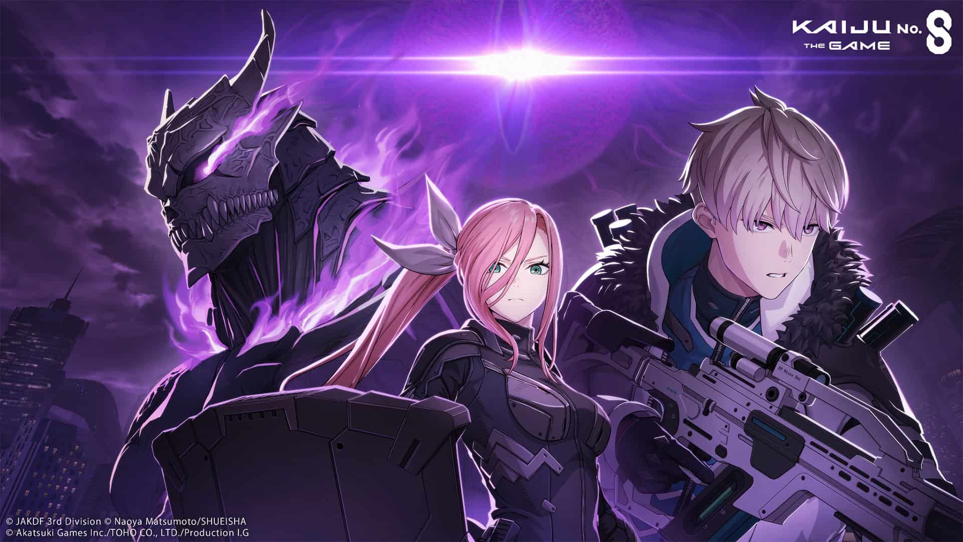 Kaiju No 8 | The Outerhaven Promo artwork for Kaiju No. 8: two armored fighters with a giant, glowing purple kaiju and a menacing dragon-like creature against a neon-lit cityscape; logo KAJNU No. 8 THE GAME in the corner.