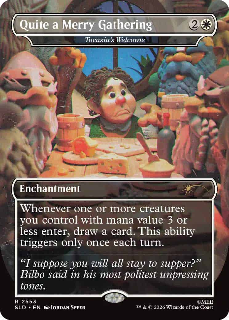Magic: The Gathering card 'Quite a Merry Gathering' — an Enchantment with illustration of a festive feast among puppets. Card text: 'Whenever one or more creatures you control with mana value 3 or less enter, draw a card. This ability triggers only once each turn.' Flavor: 'I suppose you will all stay to supper?'