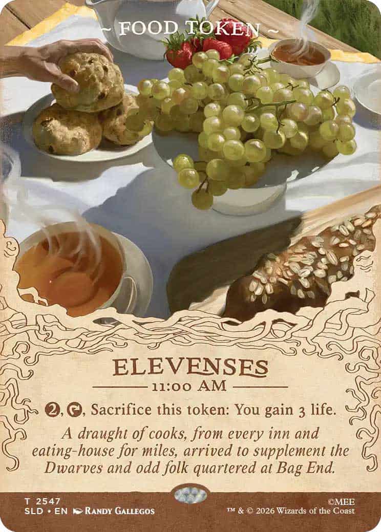 Decorative game card labeled 'FOOD TOKEN' showing a table spread of grapes, bread rolls, and a cup of tea, with 'ELEVENSES 11:00 AM' text.