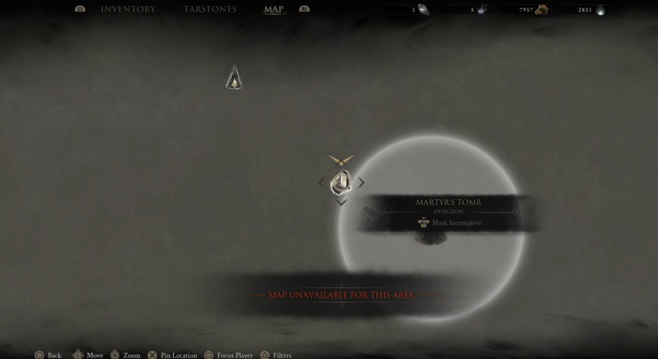 marking dungeons | The Outerhaven Dark game map screen with a glowing circular selector on the right, highlighting 'Martyr's Tomb' dungeon; orange 'MAP UNAVAILABLE FOR THIS AREA' banner at the bottom.