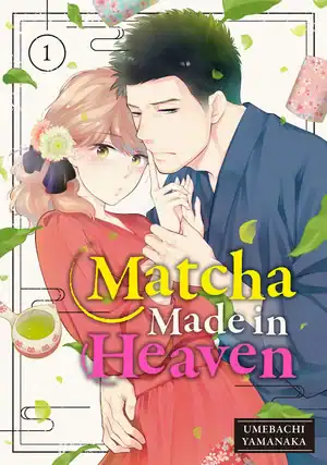 matcha-made-in-heaven-01-kpc-digi-not-fin | The Outerhaven Book cover for 'Matcha Made in Heaven' featuring a woman in red beside a man in blue, their foreheads and hands touching in an intimate pose, with green leaves and pastel accents around them.