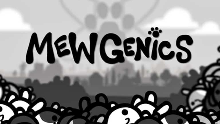 Black-and-white illustration of a large crowd of cartoon cats with a gray city skyline in the background and the word MEWGENICS across the top.