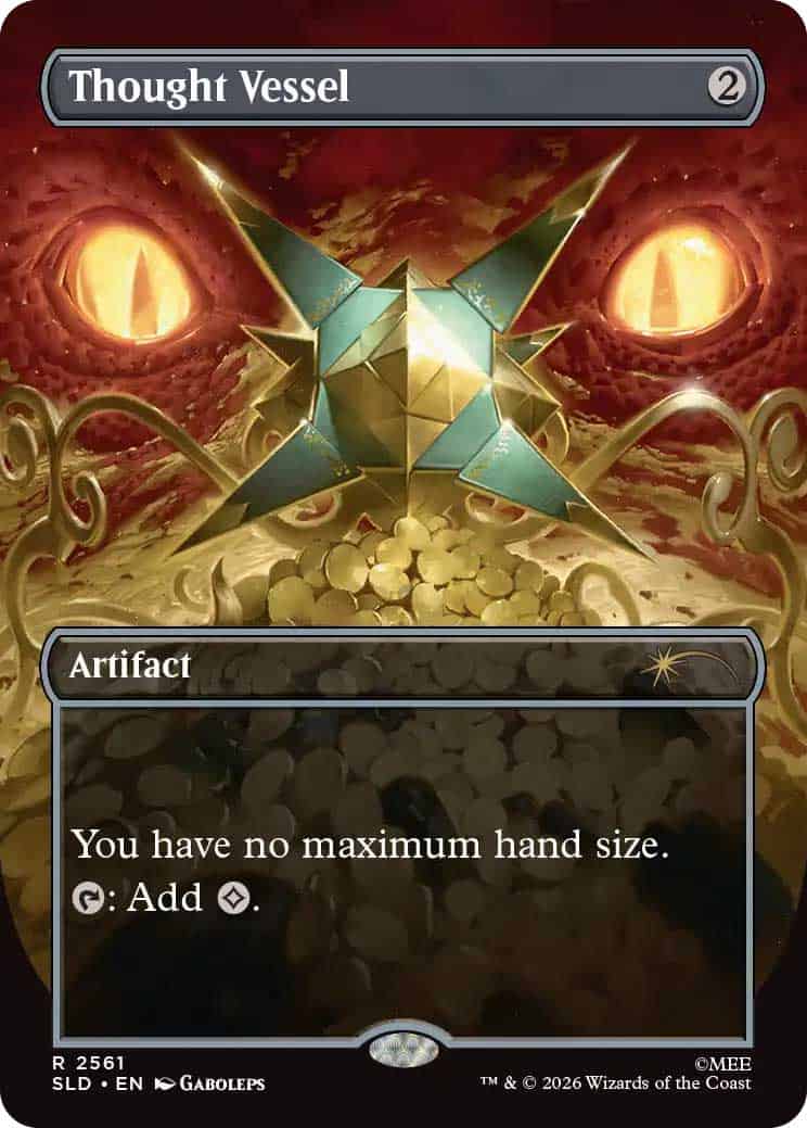 ruGW9zy1qO | The Outerhaven 'Thought Vessel' artifact card: text reads 'You have no maximum hand size. Tap: Add G.'
