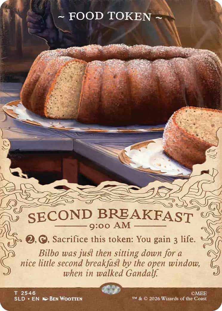 sijrjx3YTb | The Outerhaven Bundt cake on a plate with powdered sugar, labeled 'Second Breakfast' and rule text about gaining 3 life.